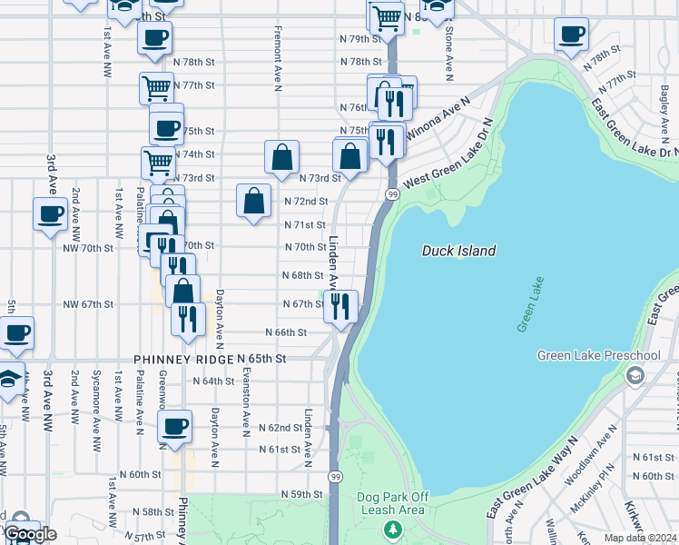 map of restaurants, bars, coffee shops, grocery stores, and more near 6809 Linden Avenue North in Seattle