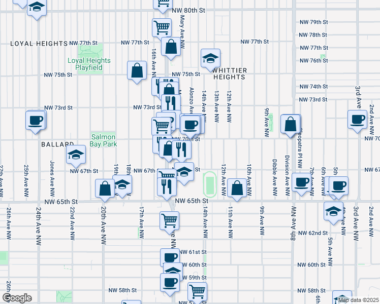 map of restaurants, bars, coffee shops, grocery stores, and more near 6739 14th Avenue Northwest in Seattle