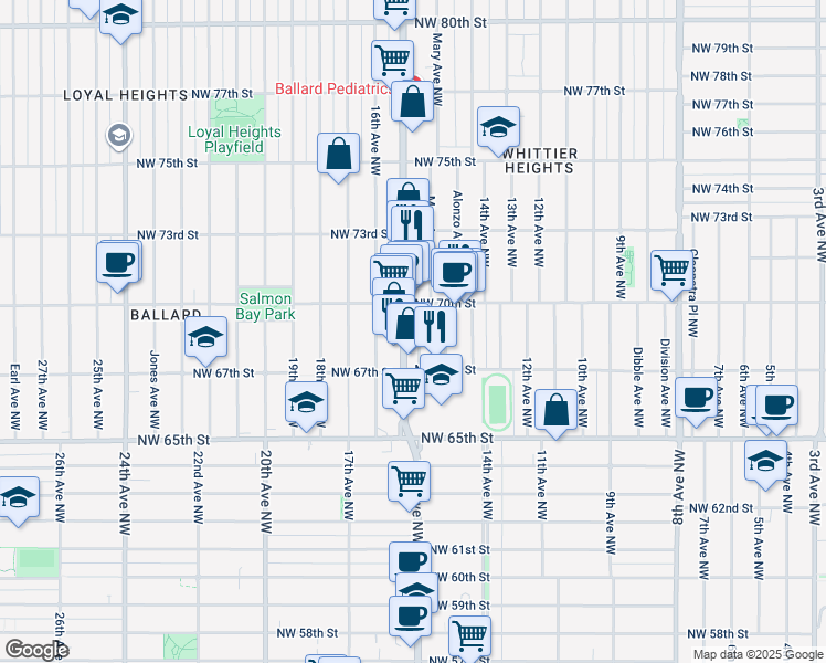 map of restaurants, bars, coffee shops, grocery stores, and more near 6738 Mary Avenue Northwest in Seattle