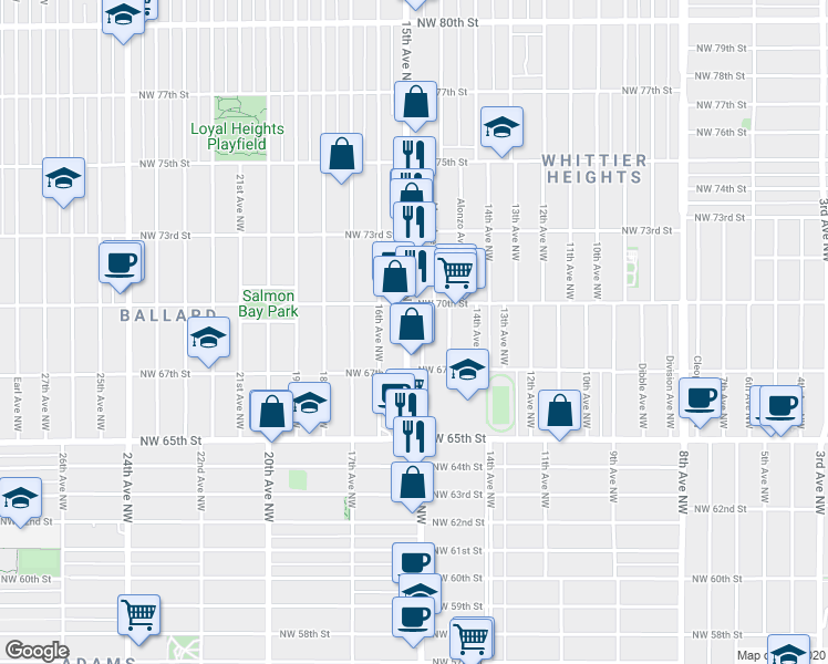 map of restaurants, bars, coffee shops, grocery stores, and more near 6738 Mary Avenue Northwest in Seattle