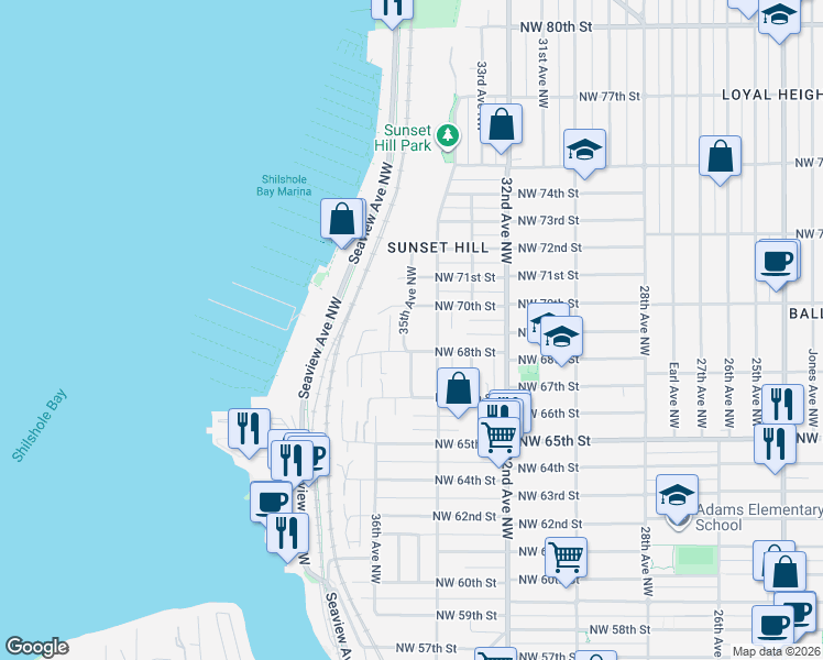 map of restaurants, bars, coffee shops, grocery stores, and more near 6827 34th Avenue Northwest in Seattle