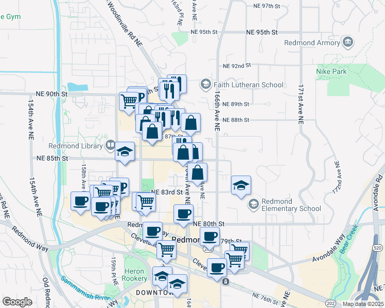 map of restaurants, bars, coffee shops, grocery stores, and more near 8520 164th Avenue Northeast in Redmond