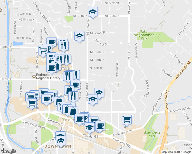 map of restaurants, bars, coffee shops, grocery stores, and more near 16763 Northeast 86th Court in Redmond