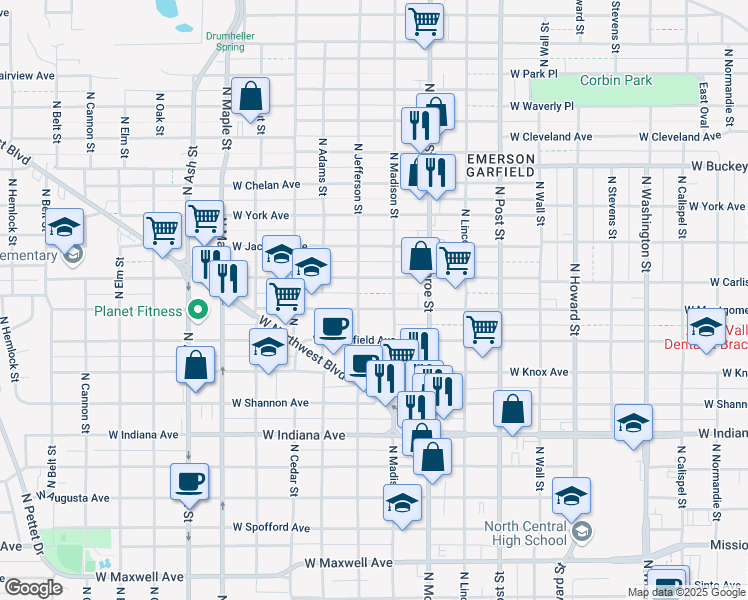 map of restaurants, bars, coffee shops, grocery stores, and more near 1118 W Montgomery Ave in Spokane
