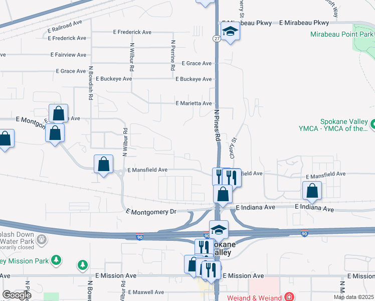 map of restaurants, bars, coffee shops, grocery stores, and more near 12031 East Mansfield Avenue in Spokane Valley