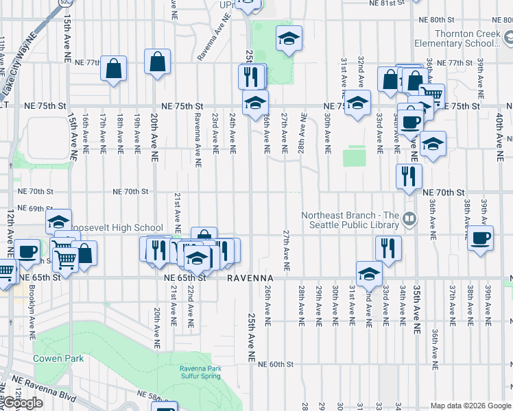map of restaurants, bars, coffee shops, grocery stores, and more near 6849 25th Avenue Northeast in Seattle