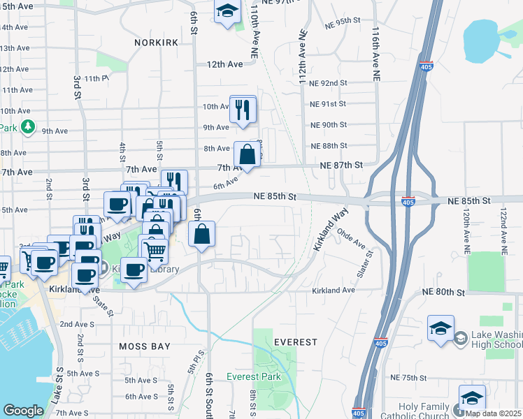 map of restaurants, bars, coffee shops, grocery stores, and more near 901 5th Avenue in Kirkland