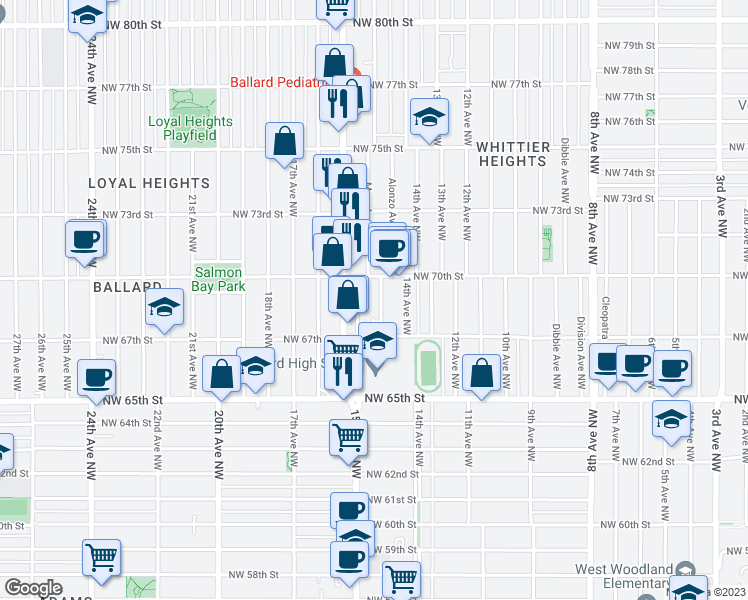 map of restaurants, bars, coffee shops, grocery stores, and more near 6738 Mary Avenue Northwest in Seattle
