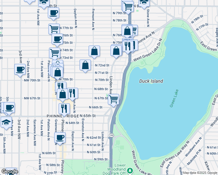 map of restaurants, bars, coffee shops, grocery stores, and more near 6809 Linden Avenue North in Seattle