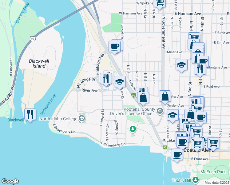 map of restaurants, bars, coffee shops, grocery stores, and more near 620 West River Avenue in Coeur d'Alene