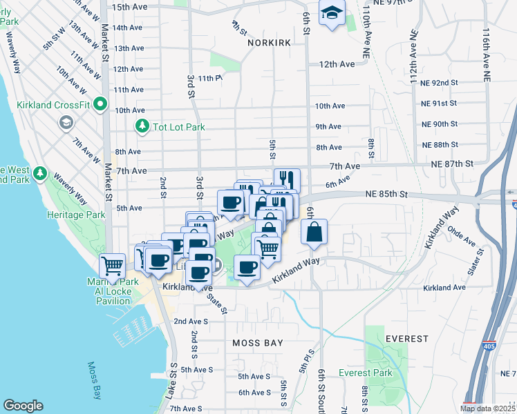map of restaurants, bars, coffee shops, grocery stores, and more near 450 Central Way in Kirkland