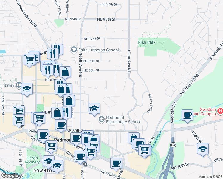 map of restaurants, bars, coffee shops, grocery stores, and more near 8509 169th Place Northeast in Redmond