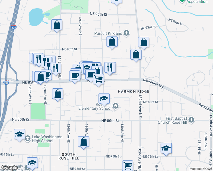 map of restaurants, bars, coffee shops, grocery stores, and more near 12810 Northeast 84th Street in Kirkland