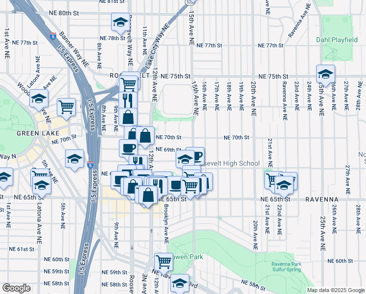 map of restaurants, bars, coffee shops, grocery stores, and more near 1264 Northeast 69th Street in Seattle