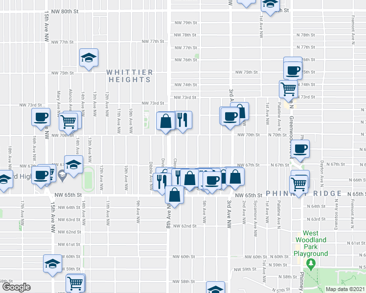 map of restaurants, bars, coffee shops, grocery stores, and more near 6739 7th Avenue Northwest in Seattle
