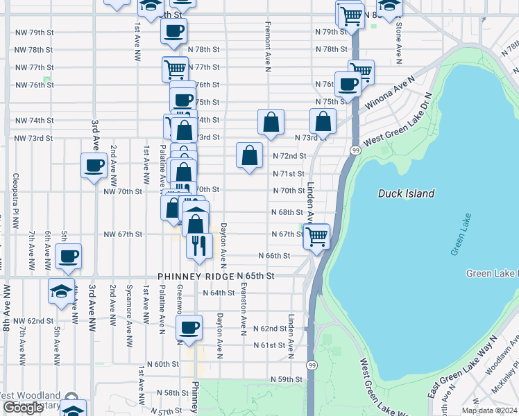 map of restaurants, bars, coffee shops, grocery stores, and more near 548 North 68th Street in Seattle