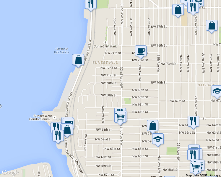 map of restaurants, bars, coffee shops, grocery stores, and more near 3234 Northwest 69th Street in Seattle