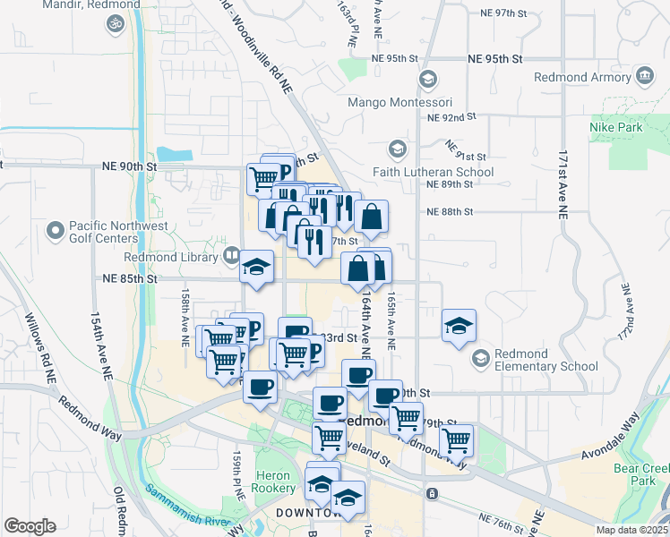 map of restaurants, bars, coffee shops, grocery stores, and more near 16375 Northeast 85th Street in Redmond