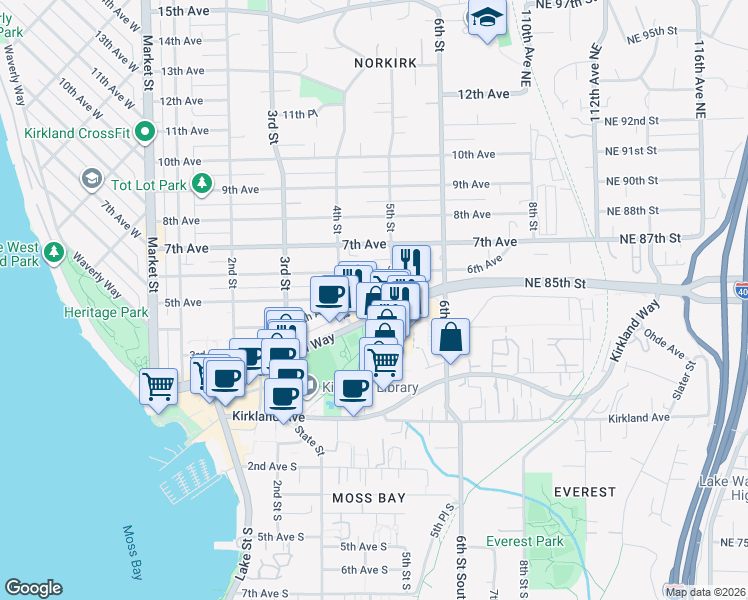 map of restaurants, bars, coffee shops, grocery stores, and more near 450 Central Way in Kirkland