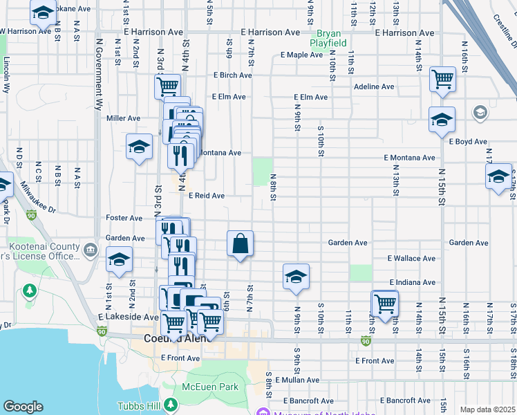 map of restaurants, bars, coffee shops, grocery stores, and more near 718 North 7th Street in Coeur d'Alene