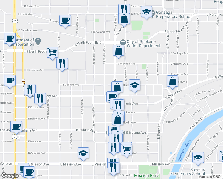 map of restaurants, bars, coffee shops, grocery stores, and more near 2217 North Hamilton Street in Spokane