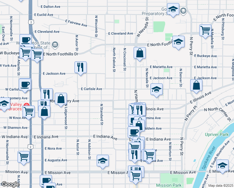 map of restaurants, bars, coffee shops, grocery stores, and more near 712 East Carlisle Avenue in Spokane