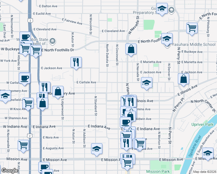 map of restaurants, bars, coffee shops, grocery stores, and more near 712 East Carlisle Avenue in Spokane