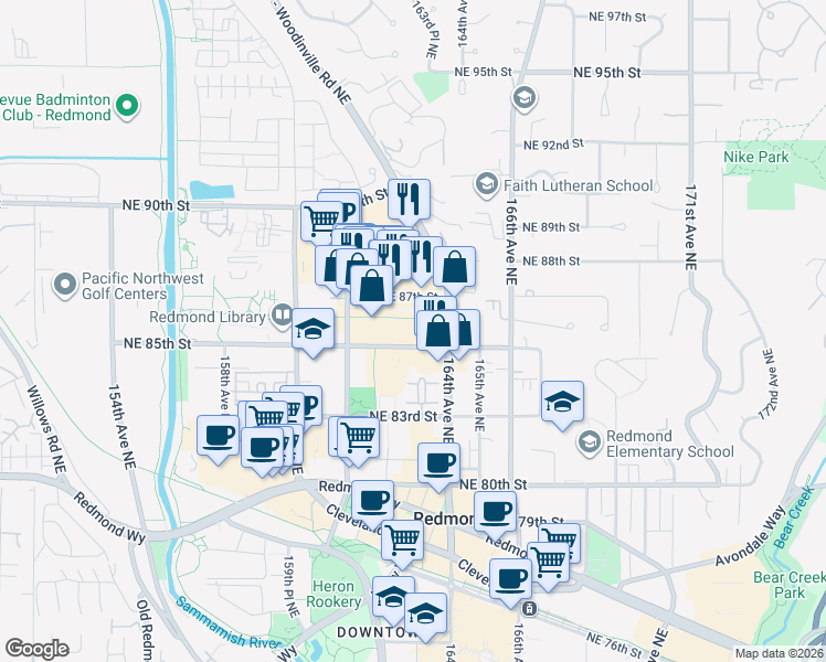 map of restaurants, bars, coffee shops, grocery stores, and more near 8525 163rd Court Northeast in Redmond
