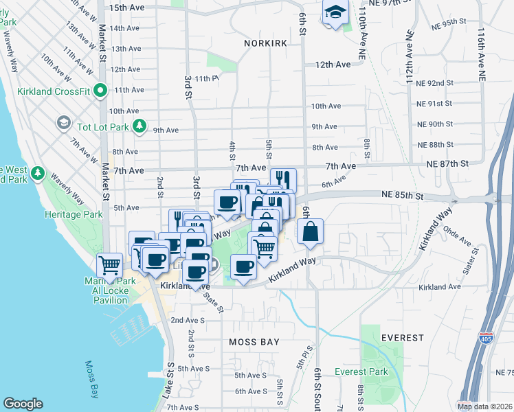 map of restaurants, bars, coffee shops, grocery stores, and more near 450 Central Way in Kirkland