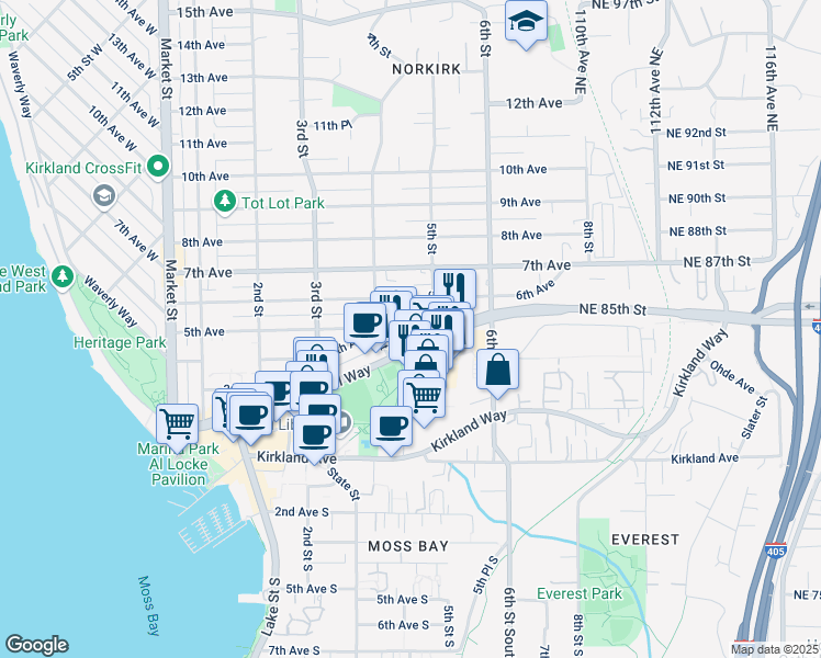 map of restaurants, bars, coffee shops, grocery stores, and more near 450 Central Way in Kirkland