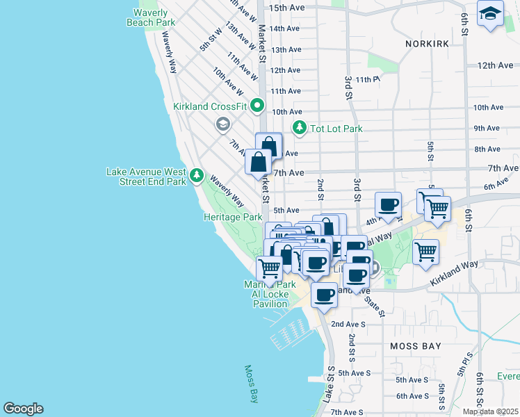 map of restaurants, bars, coffee shops, grocery stores, and more near in Kirkland