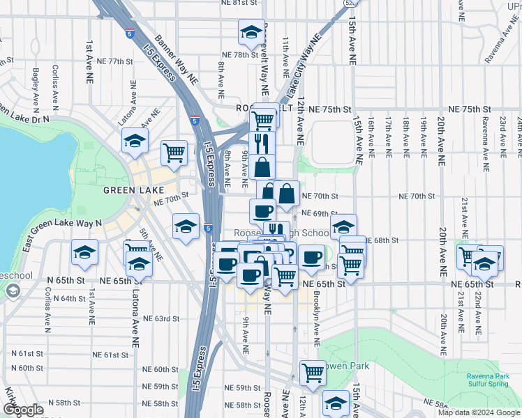 map of restaurants, bars, coffee shops, grocery stores, and more near 6909 Roosevelt Way Northeast in Seattle