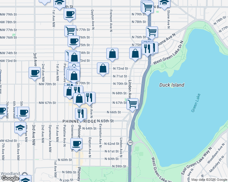 map of restaurants, bars, coffee shops, grocery stores, and more near 718 North 68th Street in Seattle