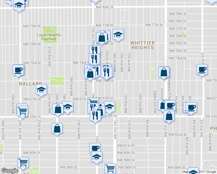 map of restaurants, bars, coffee shops, grocery stores, and more near 6739 14th Avenue Northwest in Seattle