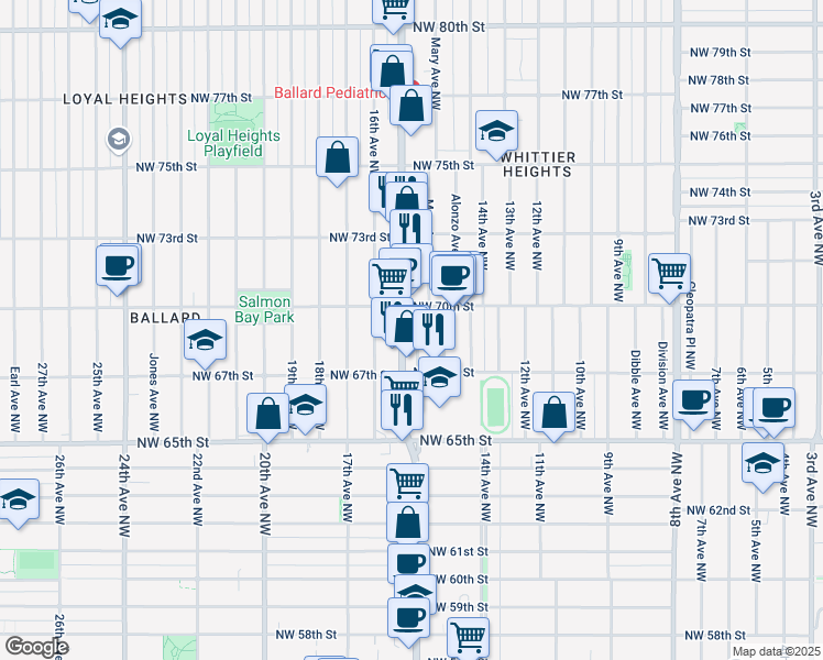 map of restaurants, bars, coffee shops, grocery stores, and more near 6738 Mary Avenue Northwest in Seattle