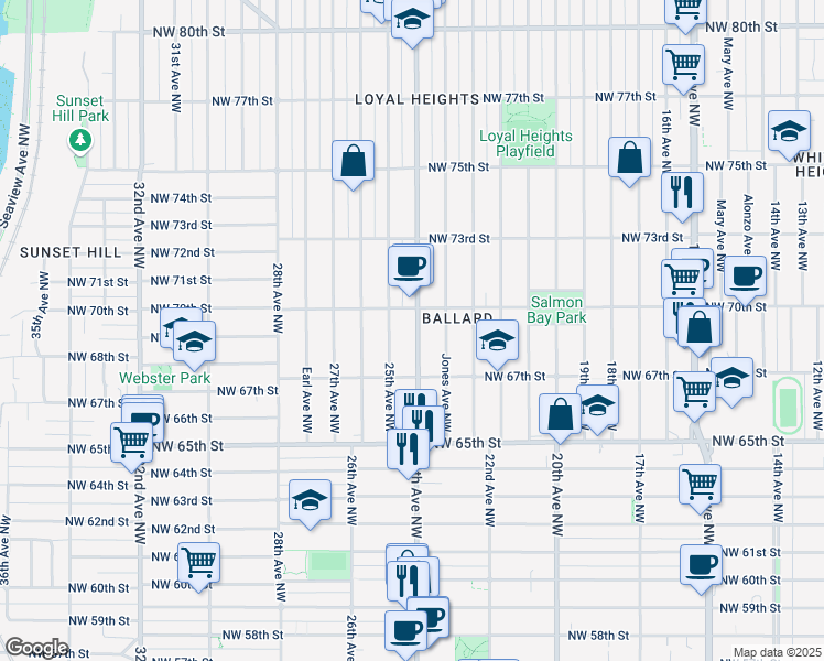 map of restaurants, bars, coffee shops, grocery stores, and more near 6741 24th Avenue Northwest in Seattle