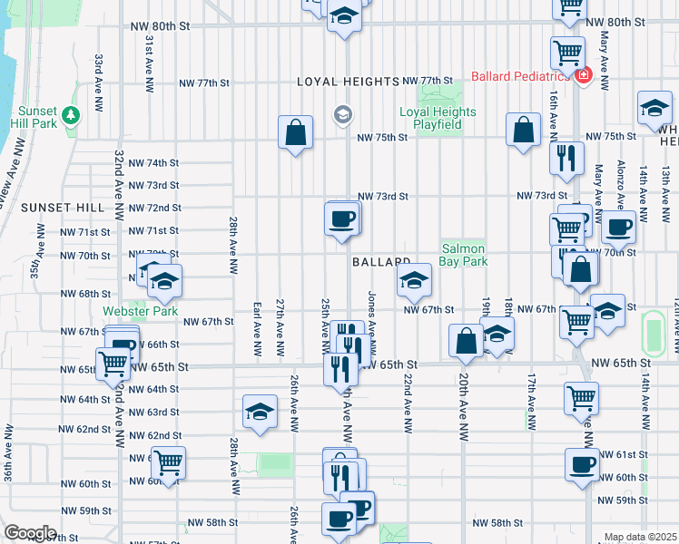 map of restaurants, bars, coffee shops, grocery stores, and more near 6741 24th Avenue Northwest in Seattle