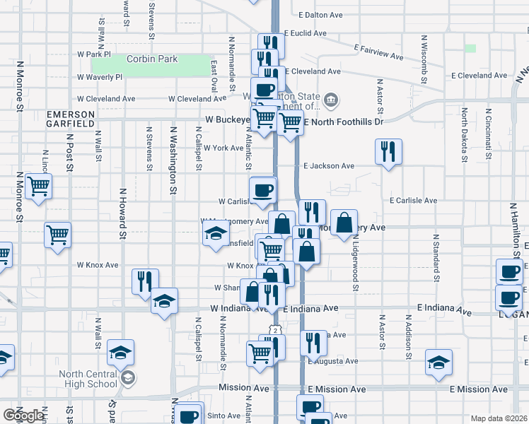 map of restaurants, bars, coffee shops, grocery stores, and more near 2320 North Atlantic Street in Spokane