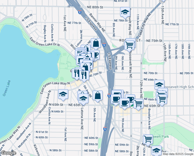 map of restaurants, bars, coffee shops, grocery stores, and more near 6840 Oswego Place Northeast in Seattle