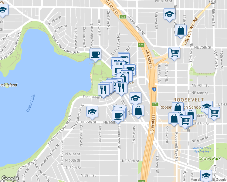 map of restaurants, bars, coffee shops, grocery stores, and more near 6901-6999 East Green Lake Way North in Seattle