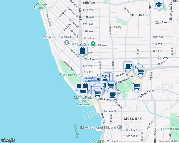 map of restaurants, bars, coffee shops, grocery stores, and more near 106 5th Ave in Kirkland
