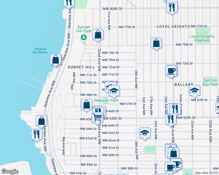 map of restaurants, bars, coffee shops, grocery stores, and more near 3026 Northwest 69th Street in Seattle