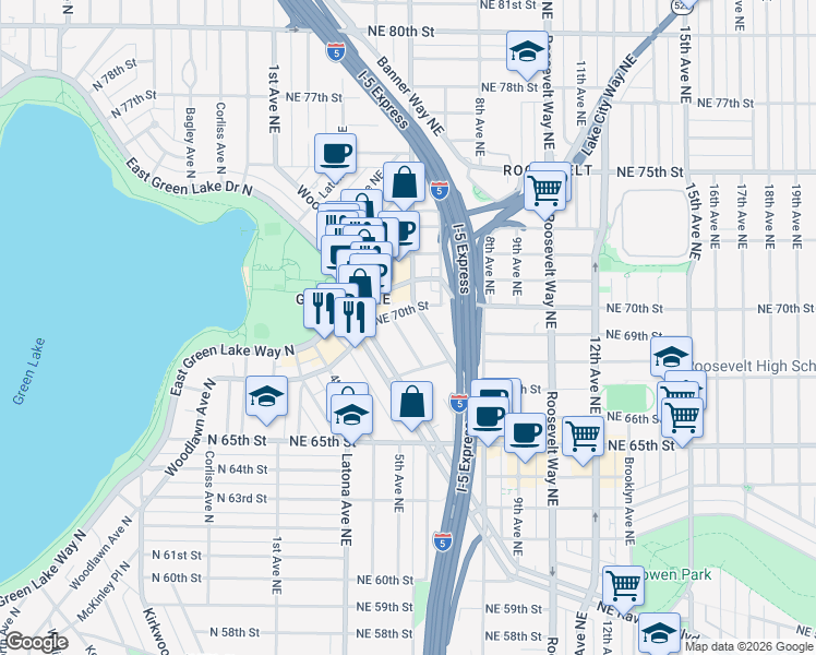 map of restaurants, bars, coffee shops, grocery stores, and more near 6840 Oswego Place Northeast in Seattle