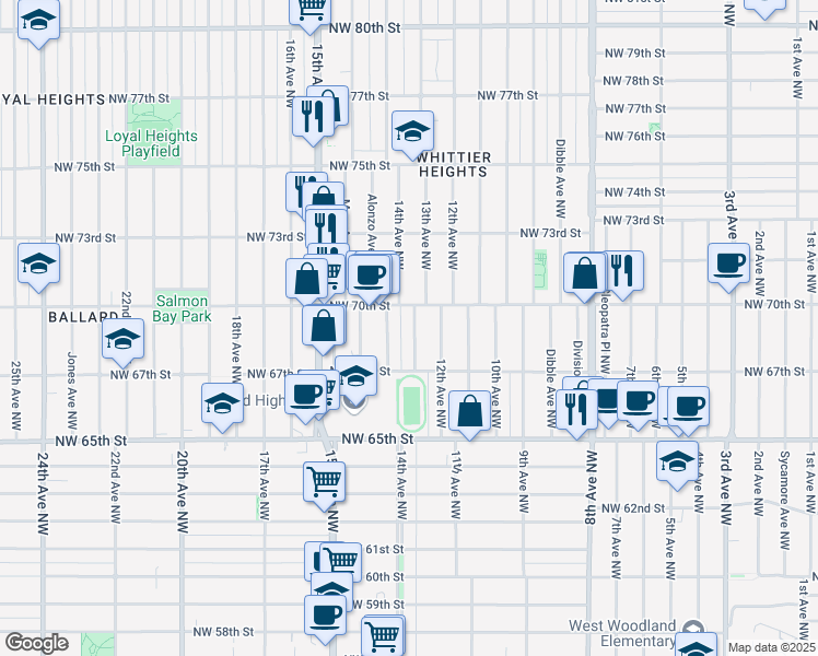 map of restaurants, bars, coffee shops, grocery stores, and more near 6737 13th Avenue Northwest in Seattle