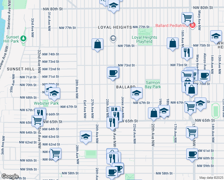 map of restaurants, bars, coffee shops, grocery stores, and more near 6741 24th Avenue Northwest in Seattle