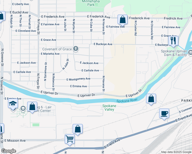 map of restaurants, bars, coffee shops, grocery stores, and more near 4219 East Montgomery Avenue in Spokane