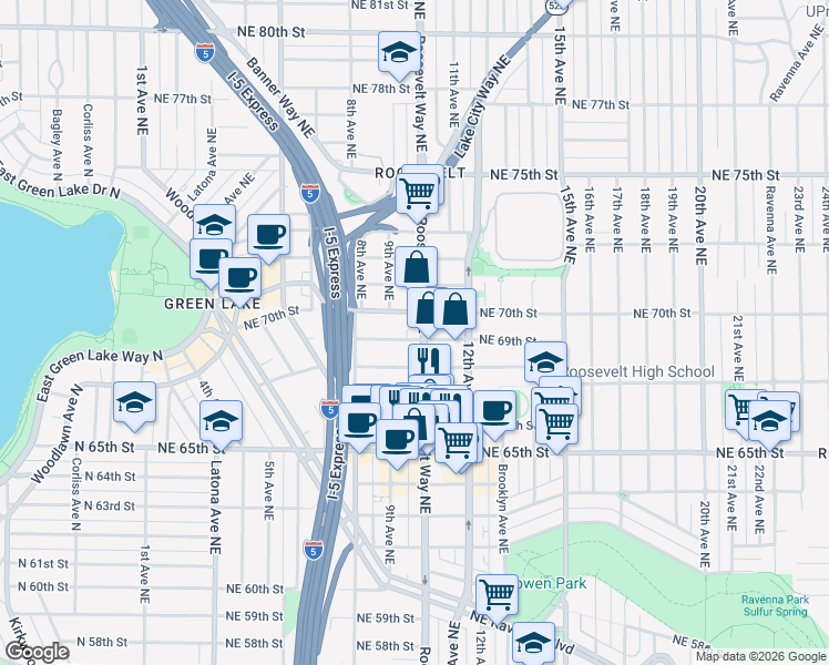 map of restaurants, bars, coffee shops, grocery stores, and more near 6909 Roosevelt Way Northeast in Seattle