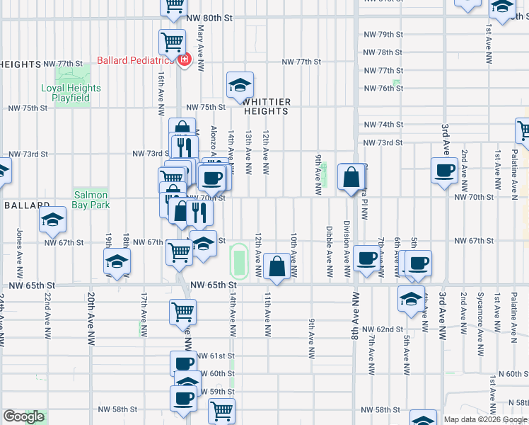 map of restaurants, bars, coffee shops, grocery stores, and more near 6738 12th Avenue Northwest in Seattle
