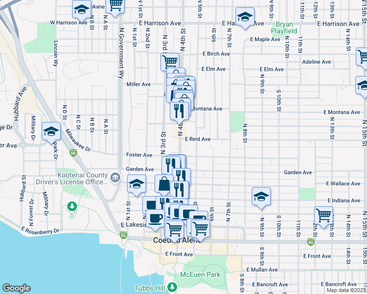 map of restaurants, bars, coffee shops, grocery stores, and more near 714 North 4th Street in Coeur d'Alene