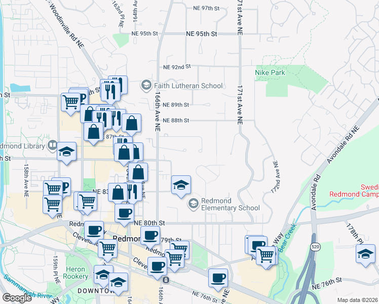 map of restaurants, bars, coffee shops, grocery stores, and more near 16783 Northeast 86th Court in Redmond